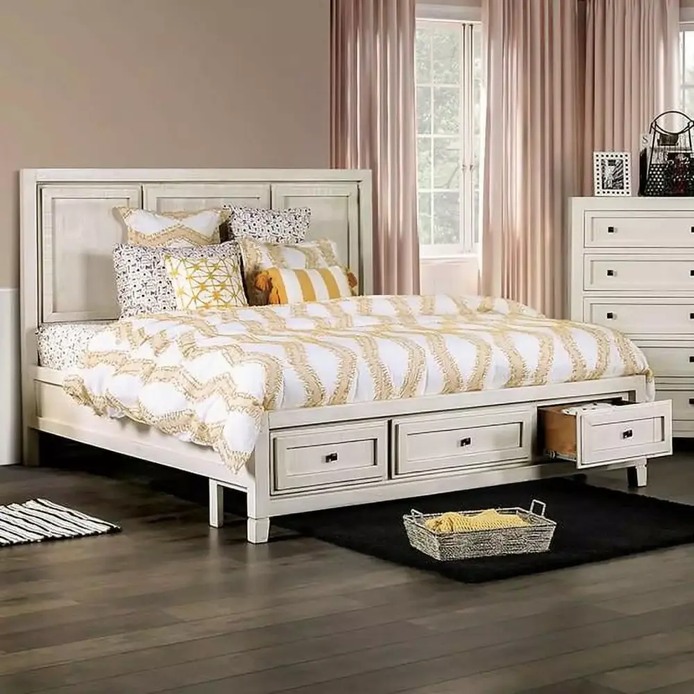 Rustic Ivory Solid Wood King Bedroom Set 3pcs FOA EM7074IV Oakridge
