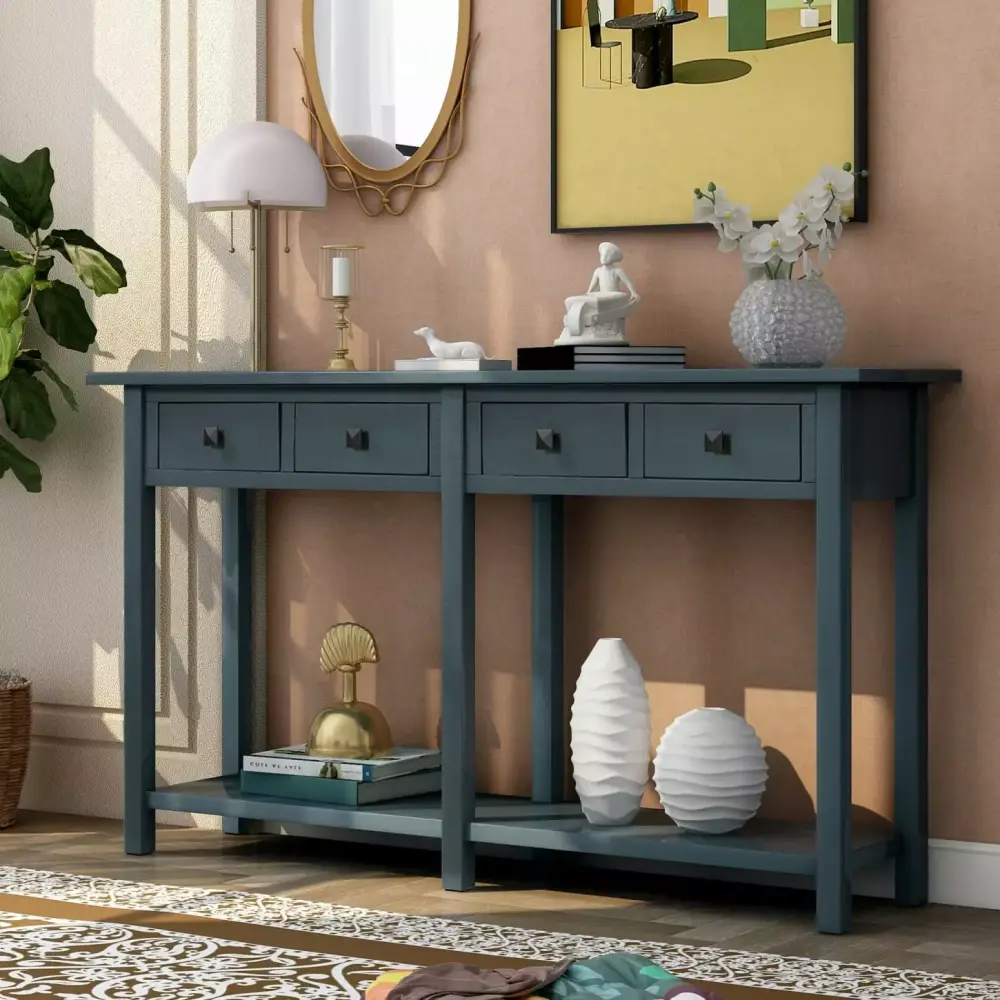 Antique Navy Entryway Console Table with Drawer and Shelf - Rustic Brushed Texture Solid Wood