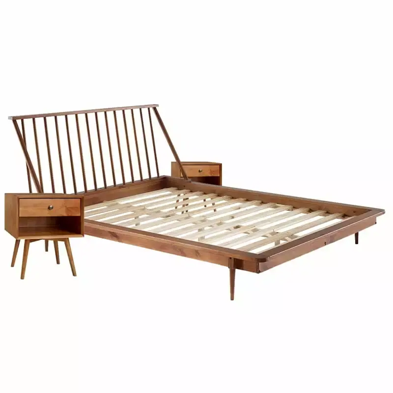 3-Piece Solid Wood Bedroom Set with Spindle Bed and 2 Nightstands in Caramel Finish