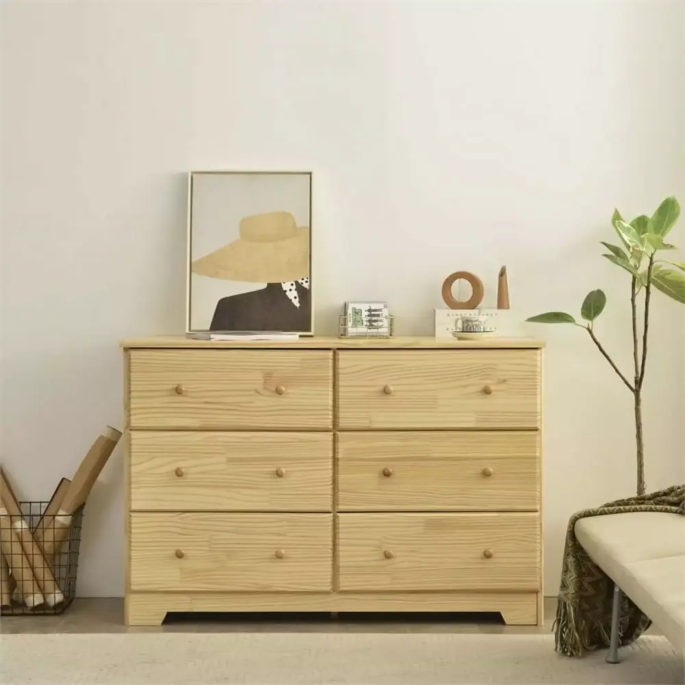 Better Home Products Solid Pine Wood 6 Drawer Double Dresser in Natural