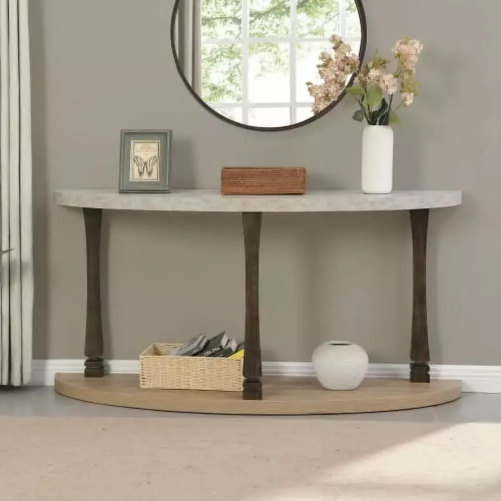 Zateety 60 Inch Long Semi Circle Demilune Sofa Table for Small Hallway Entryway Space - Grey & Natural