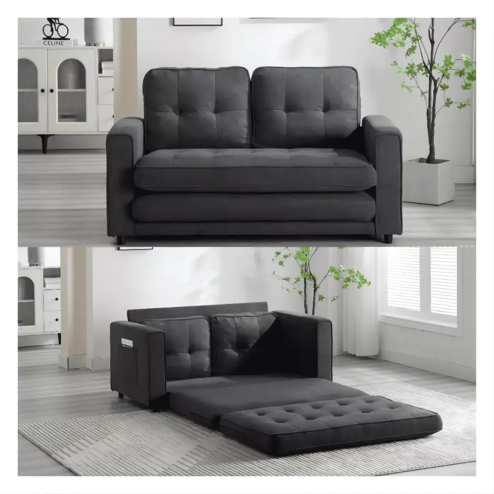 Crtynell 3 Fold Convertible Futon Sofa Bed in Velvet Linen Fabric with Space Saving Design