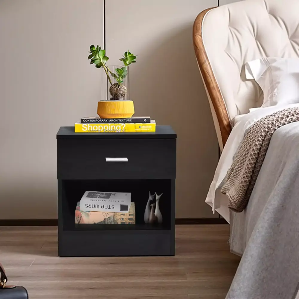 1 Drawer Metal Handle Black Nightstand with Storage Arranger Modern Design Sturdy Construction