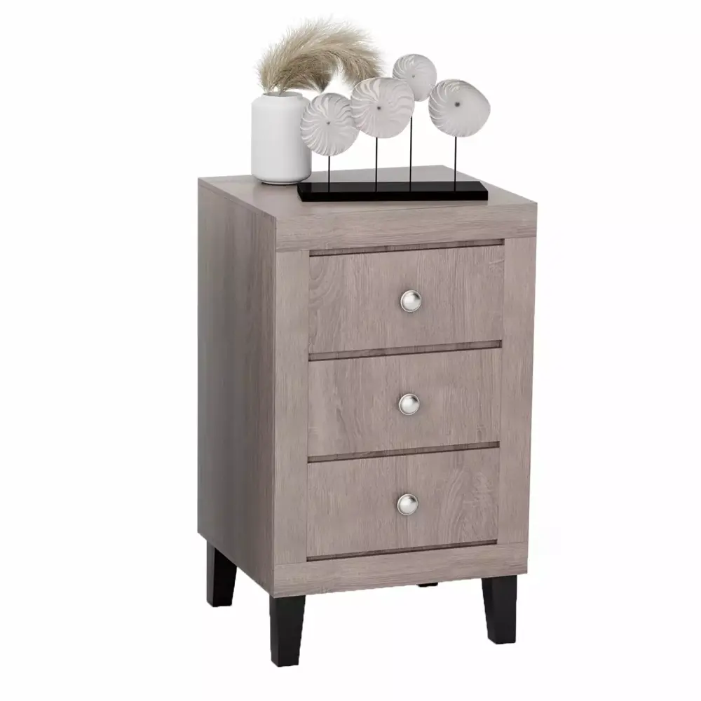 Coelon Space-Saving Grey Nightstand with 3 Drawers Modern Bedside Table for Small Bedrooms