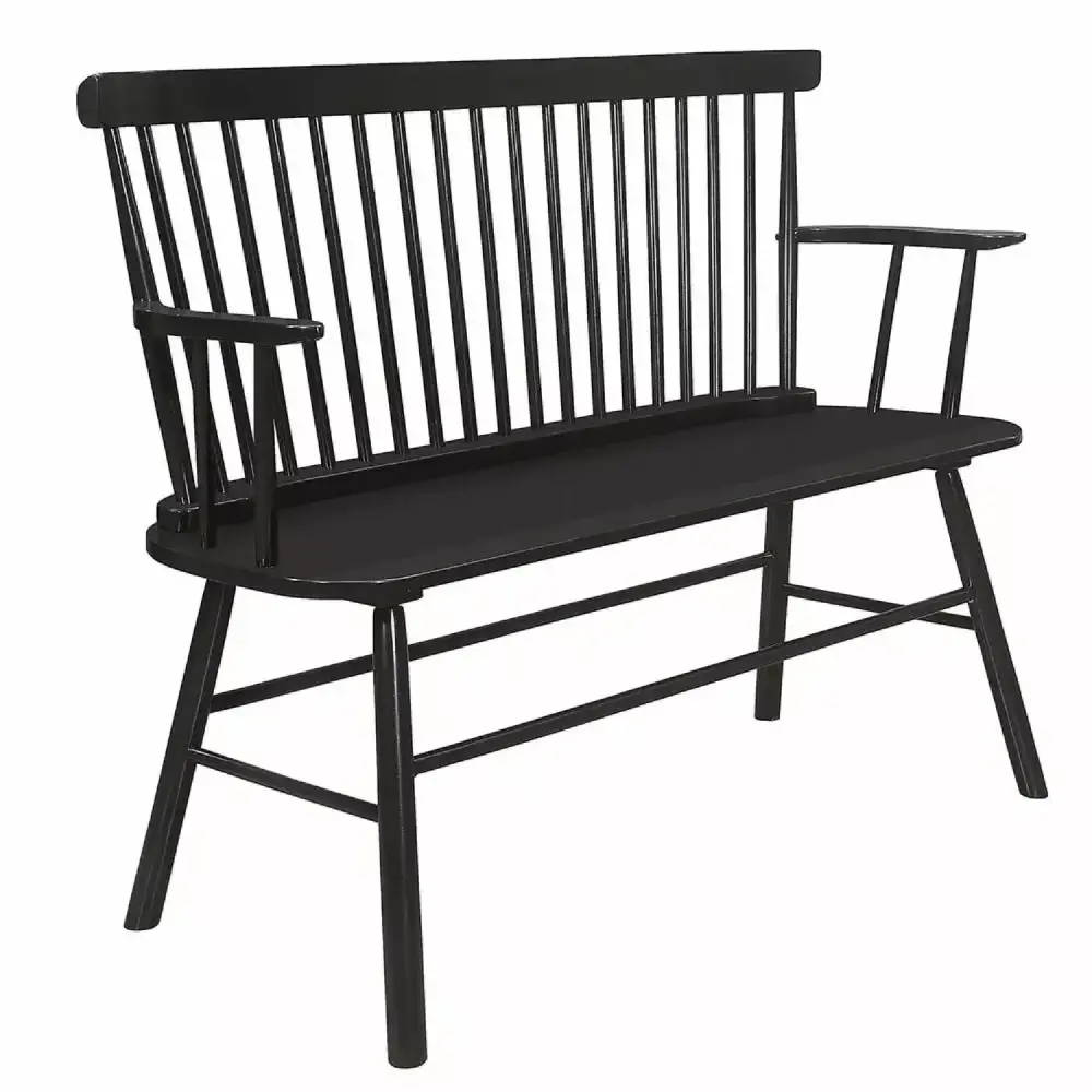 Benjara Transitional Curved Design Spindle Back Bench with Splayed Legs White and Black