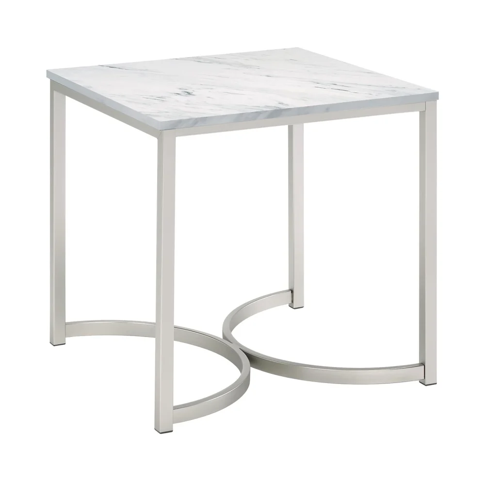 Leona Faux Marble Square End Table - Elegant White and Satin Nickel Accent Table