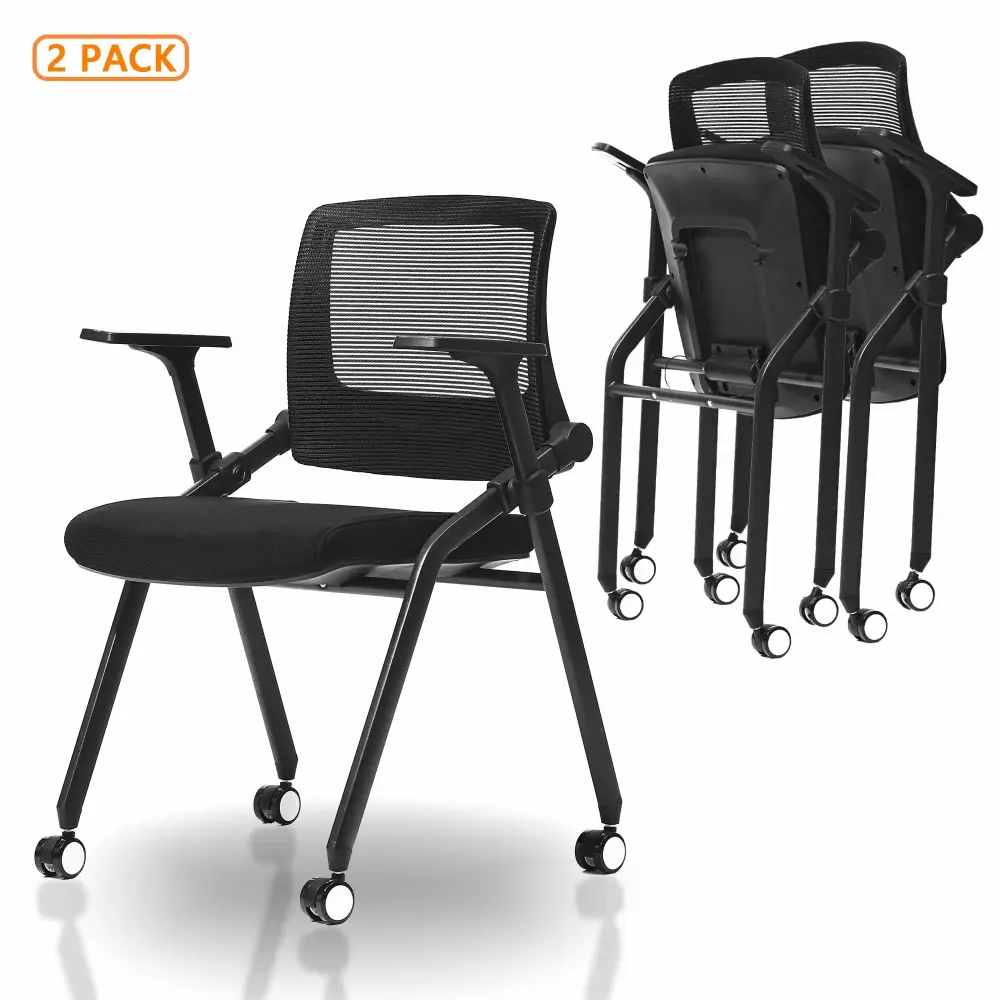 FYLICA Stackable Conference Room Chair Set of 2 Sturdy Padded Fold Chair with PU Wheels Black
