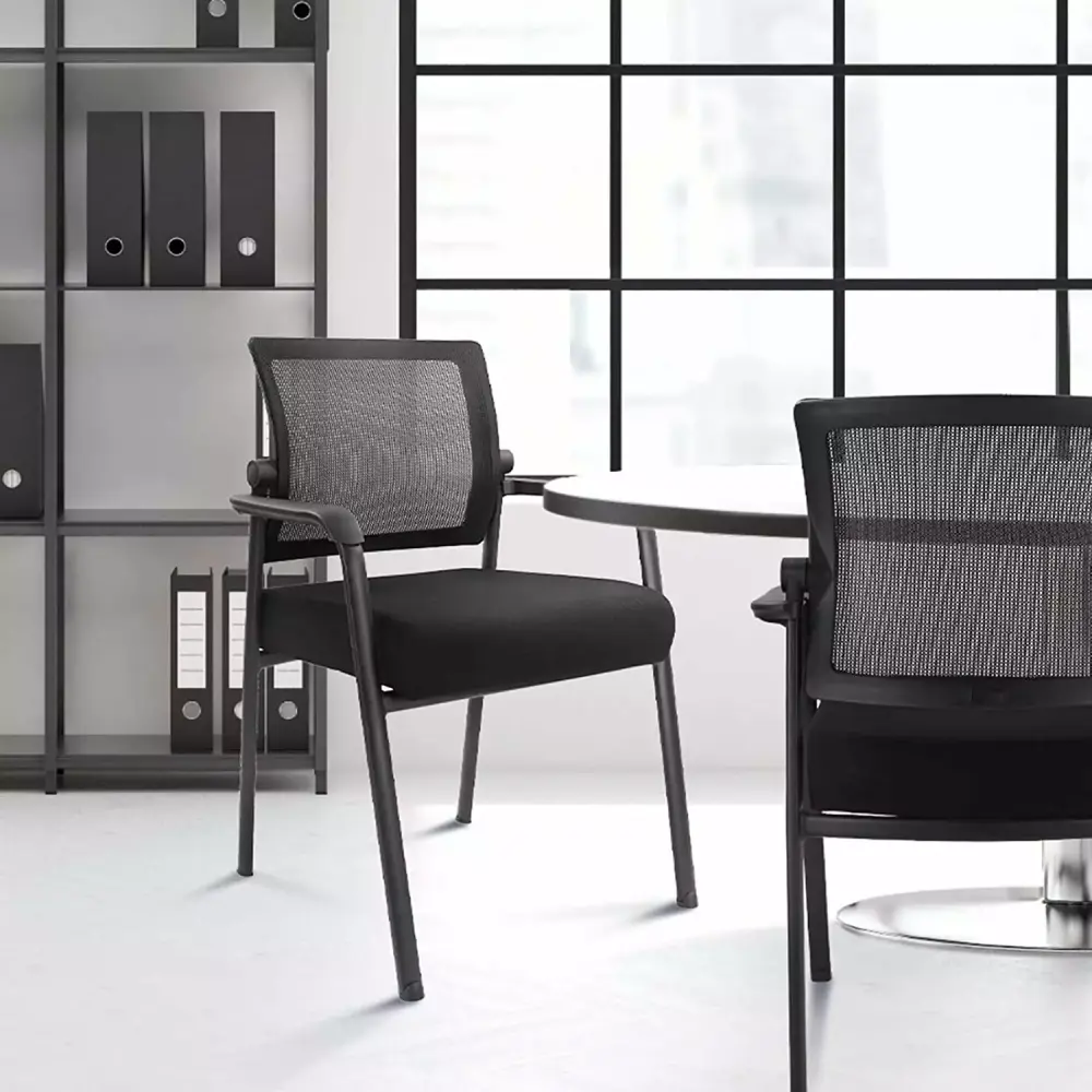 Ergonomic Mesh Back Stacking Chairs Upholstered Fabric Seat Reception Guest Chair Black