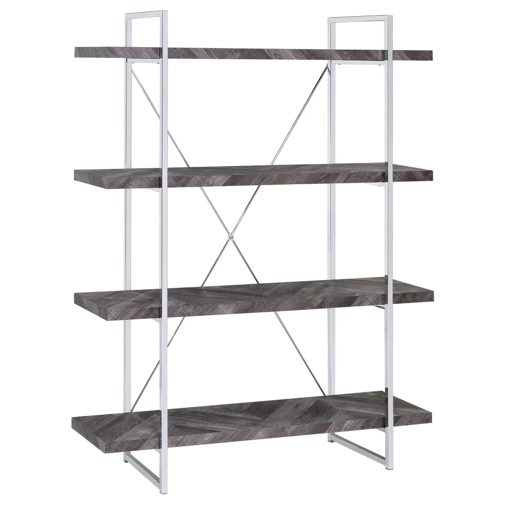 Grimma 4-Shelf Bookcase in Rustic Grey Herringbone Pattern