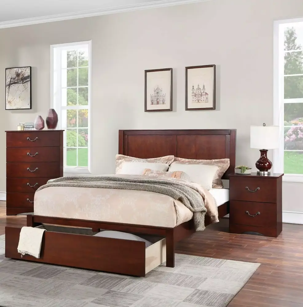 Queen Size Bed And 2x Nightstands 3pc Bedroom Set Storage Underbed Drawers Footboard Furniture Wooden Panel Headboard