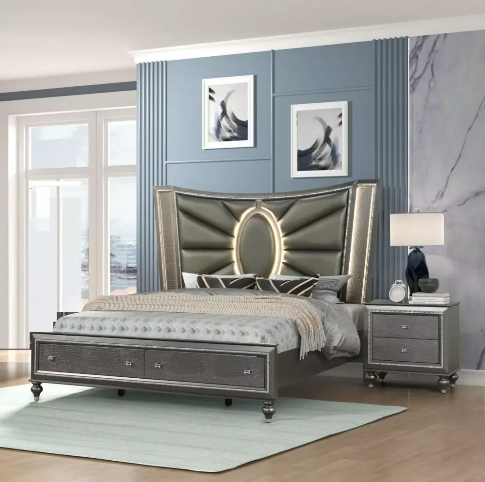 3pc Luxury Charcoal King Size Storage LED Headboard Bed Nightstand Set