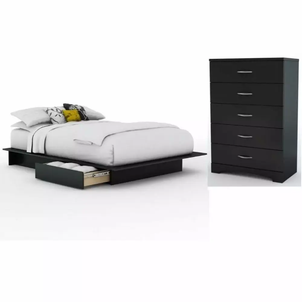 Home Square 2-Piece Storage Platform Bed and 5-Drawer Chest Set - Modern Bedroom Storage