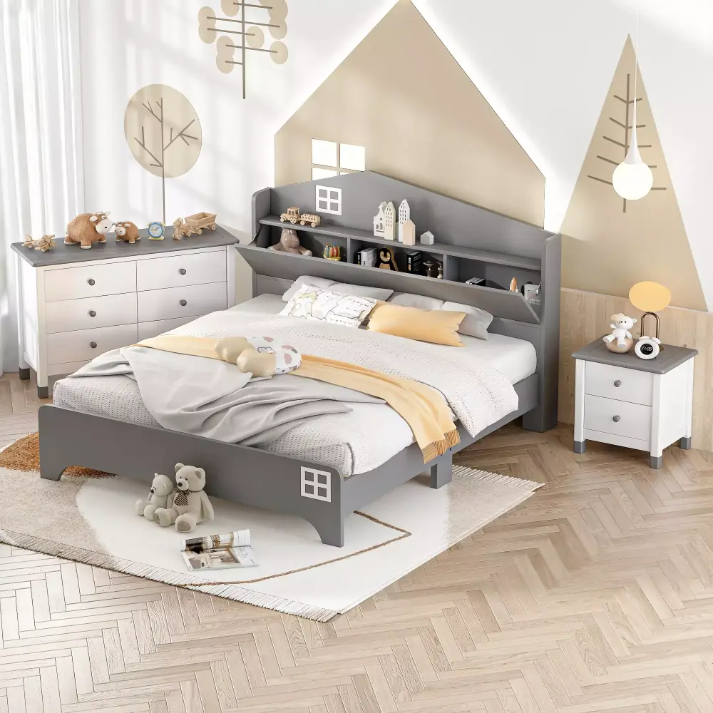 DeeHome 3-Pieces Bedroom Sets Full Size Houtilize Bed with Storage Headboard, Wooden Nightstand and Storage Dresser in Gray