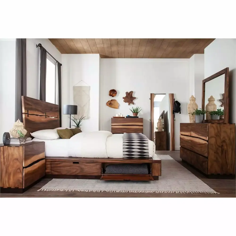 Maklaine 5-piece Wood Eastern King Storage Bedroom Set in Smokey Walnut Platform Bed with Nightstands Dresser