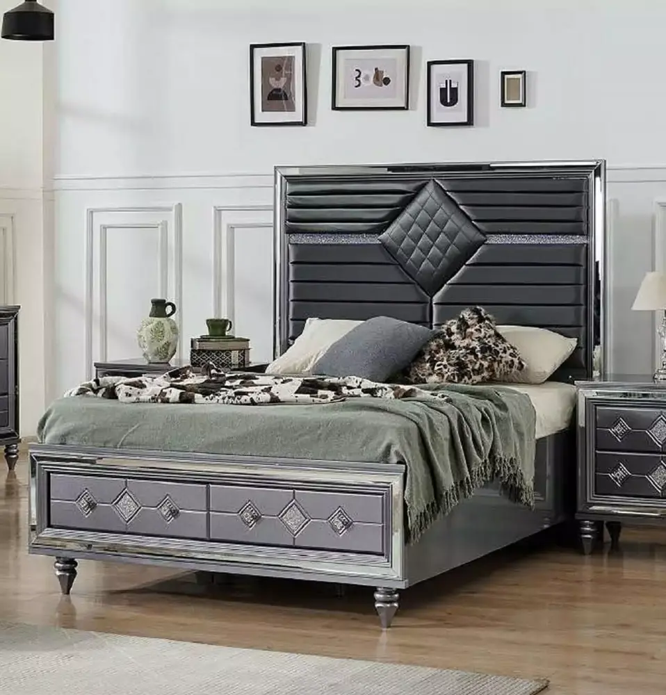 4pc Luxury Dark Gray King Storage Bed with LED Headboard Dresser Mirror Nightstand Bedroom Set