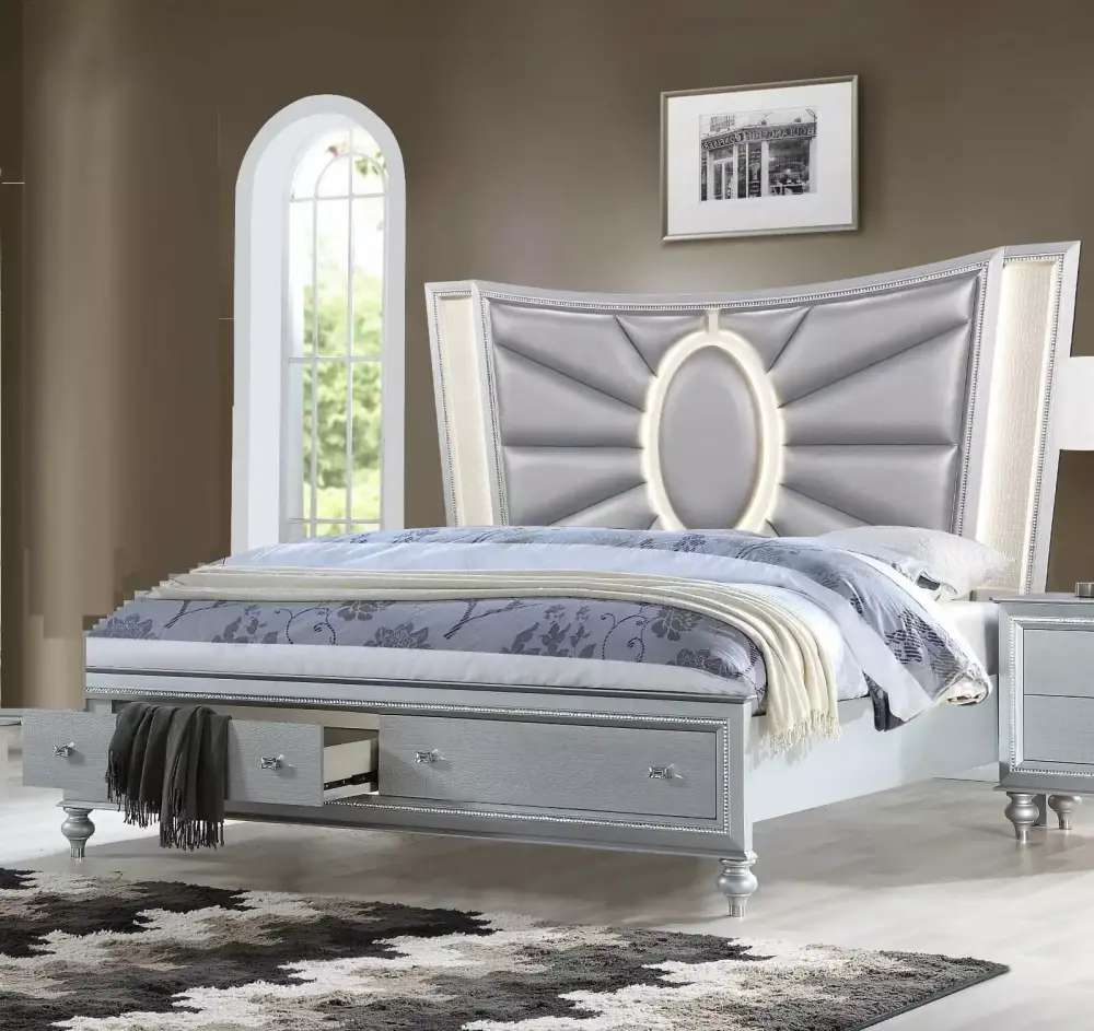 4pc Luxury Queen Size Storage Bedroom Set with LED Headboard Dresser Mirror Nightstand in Silver
