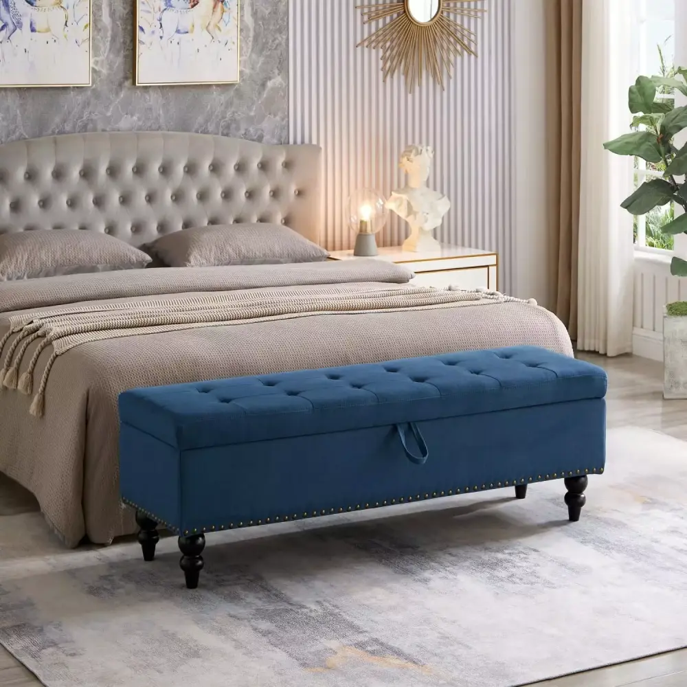 Blue Fabric Bed Bench with Storage - 59 Inch Multifunctional Ottoman with Button Tufting and Solid Wood Legs