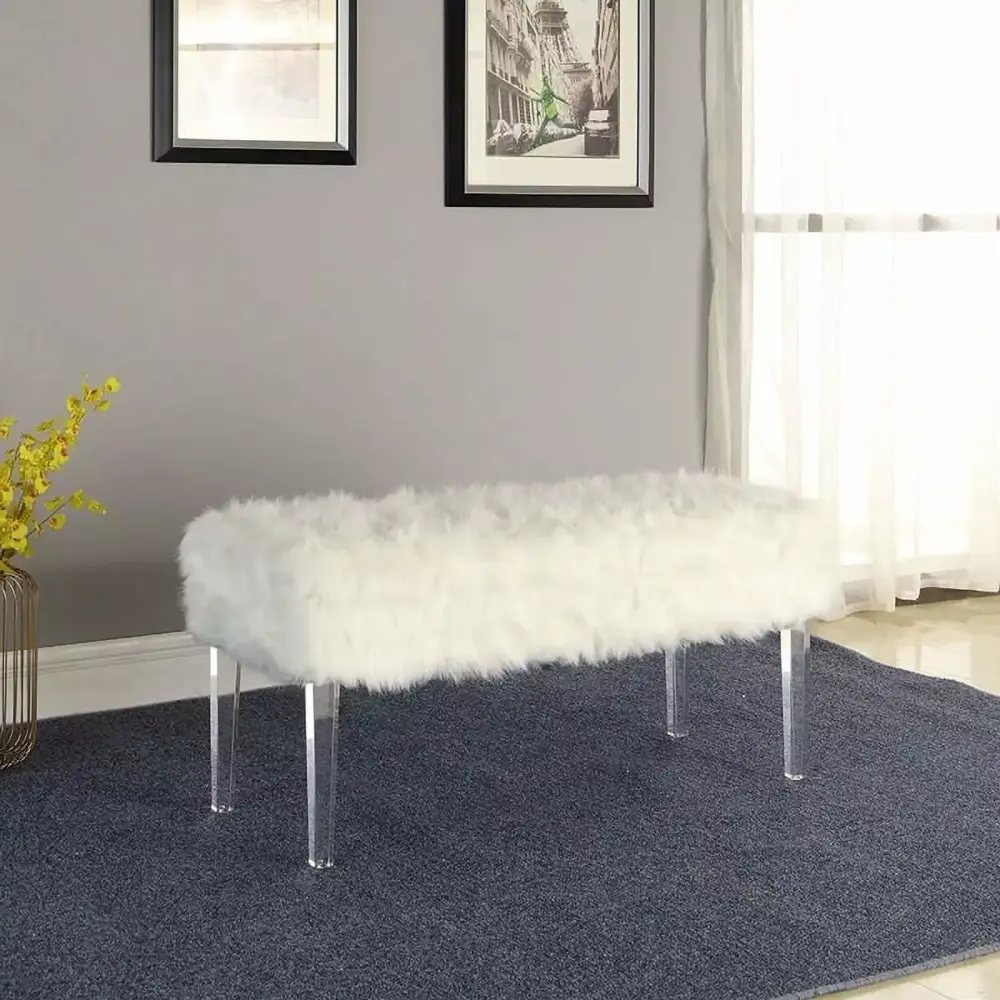 20 Inch Horice Faux Fur Nailhead Storage Bench with Acrylic Leg White