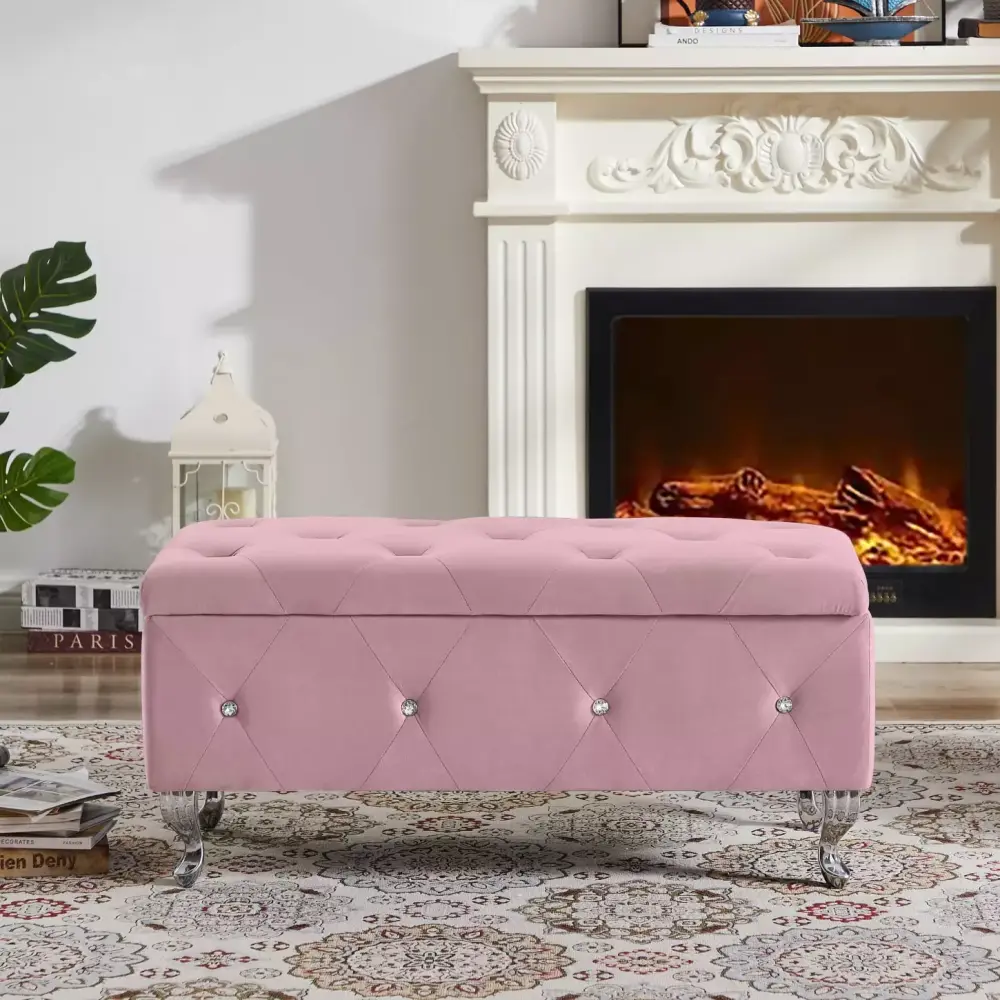 Pink Velvet Storage Bench with Flip Top - Elegant Entryway Seat with Safety Hinge Supports Up to 250 lbs