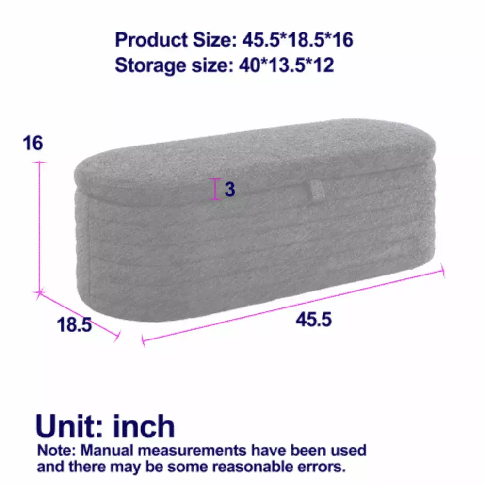 45.5 Inch Upholstered Fabric Storage Ottoman Bench with Safety Hinge in White Teddy