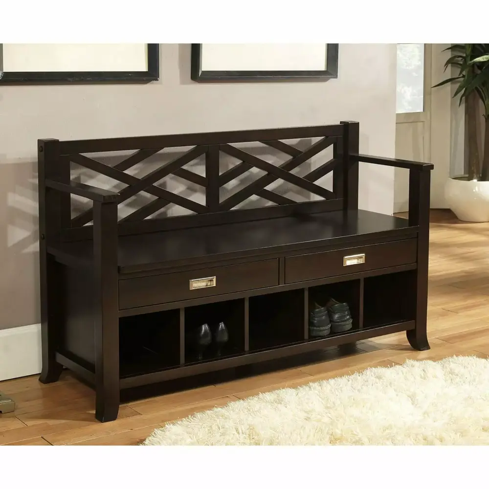 Sea Mills 48 Inch Wood Entryway Storage Bench with Drawers in Espresso Brown for Living Room