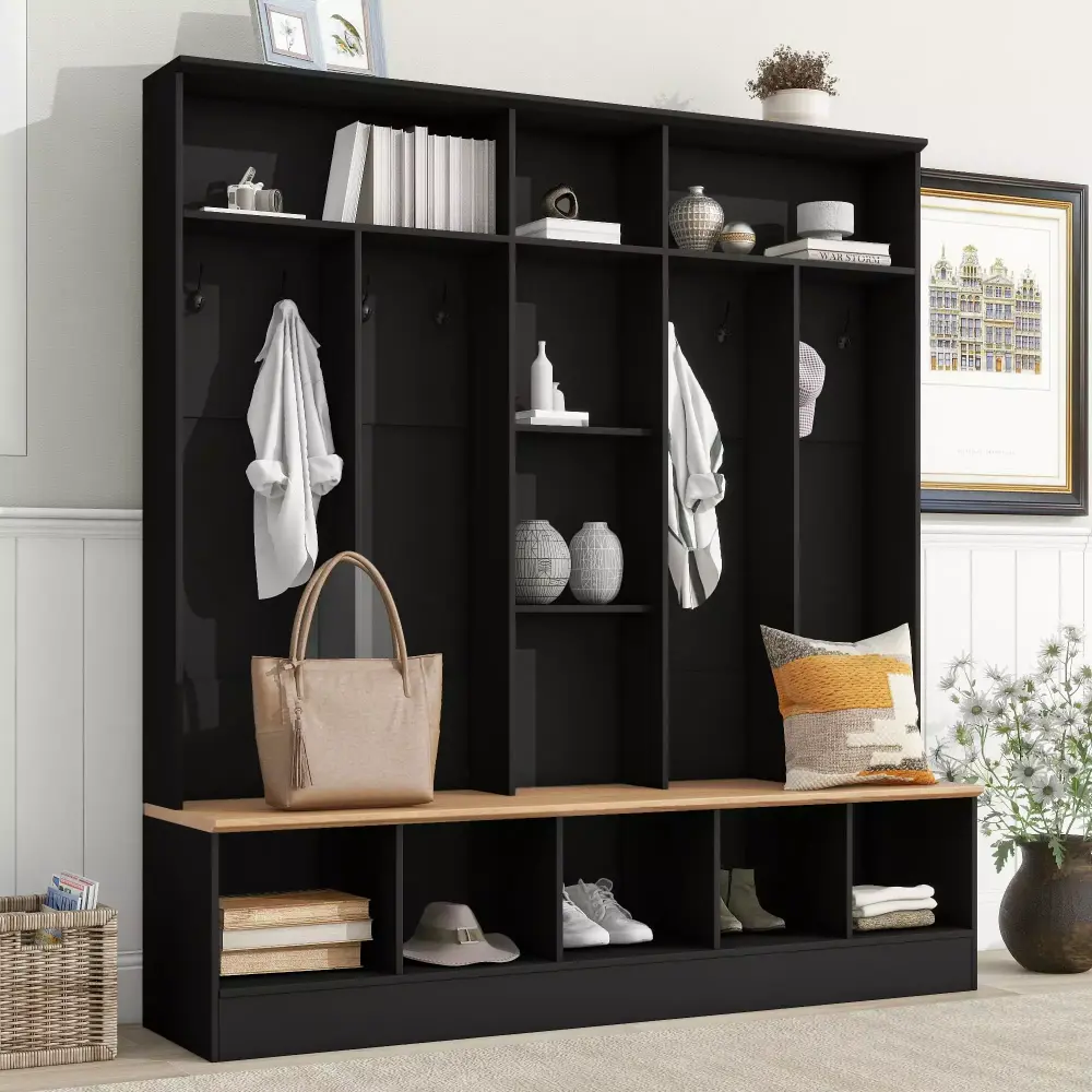ON-TREND Wide Hall Tree with Storage Bench Shoe Cabinet Coat Rack for Entryways Black