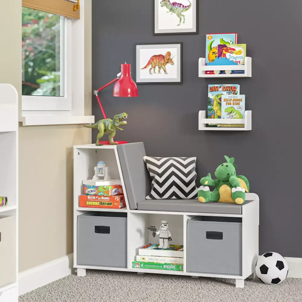 Book Nook Kids Multi-Cubby Storage Bench with 2 Floating Bookshelves in White
