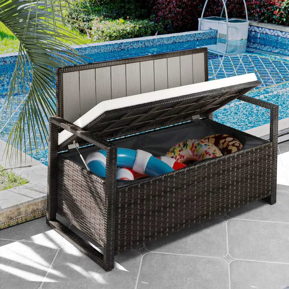 Dextrus 70 Gallon Outdoor Storage Bench Loveseat Wicker Brown Patio Furniture