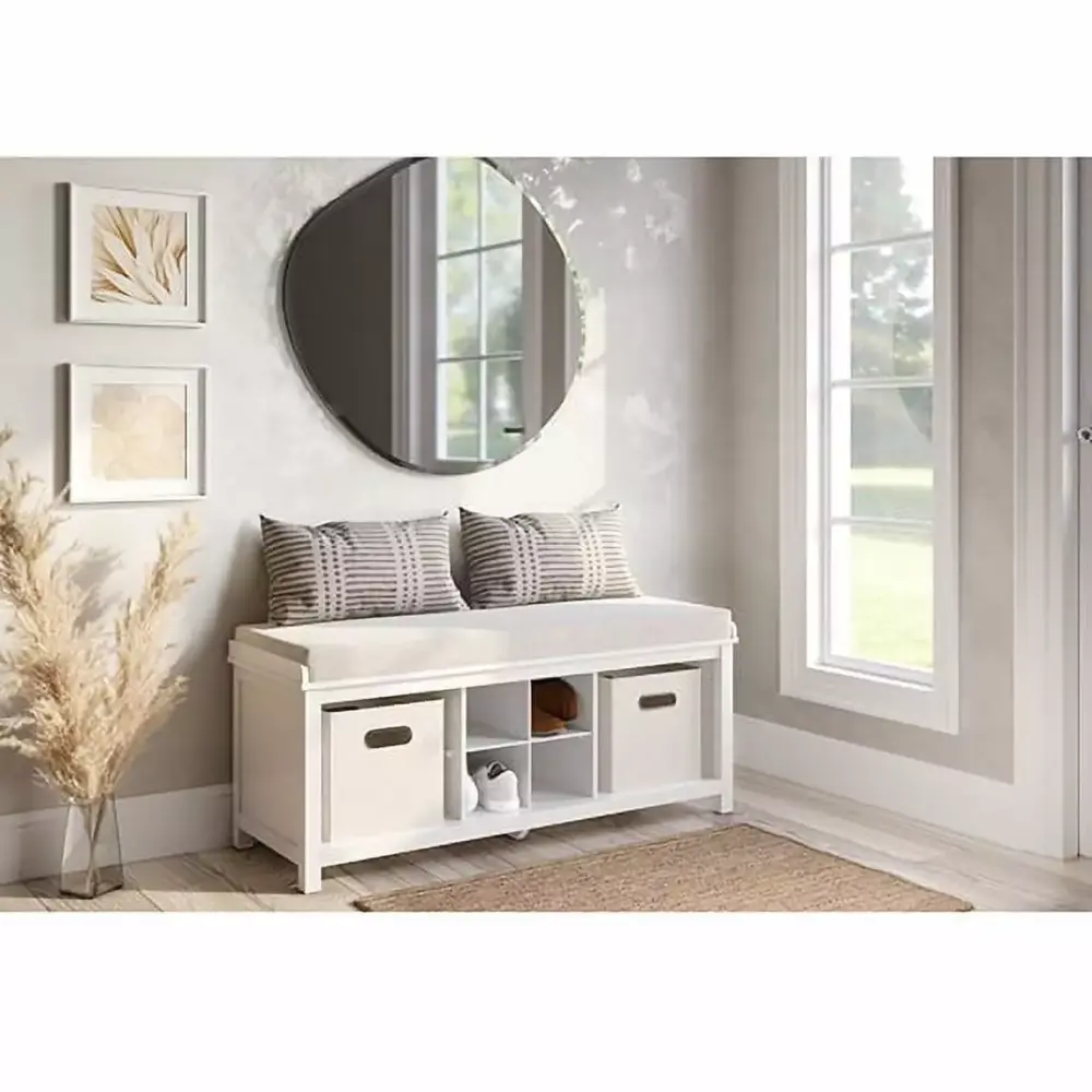 Solid Wood Entryway Bench with 4 Shoe Cubbies White Storage Seat