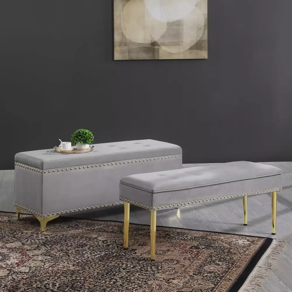Light Gray Velvet Dual Storage Bench Set with Gold Legs Nailhead Trim for Living Room Bedroom Hallway