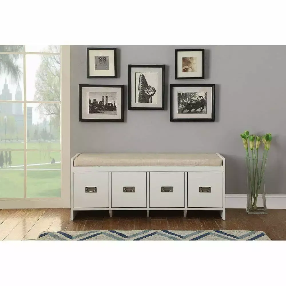 ACME Berci Beige Fabric Storage Bench with White Frame for Bedroom or Living Room