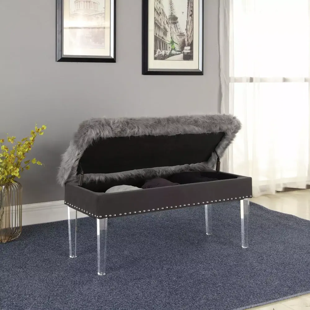 20 Inch Horice Faux Fur Nailhead Storage Bench with Acrylic Leg in Grey