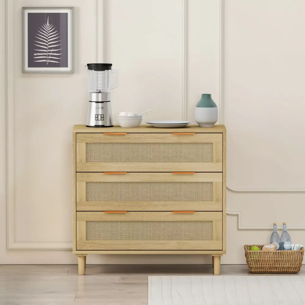 Oak Rattan 3 Drawer Storage Cabinet for Bedroom Living Room Dining Room Hallways