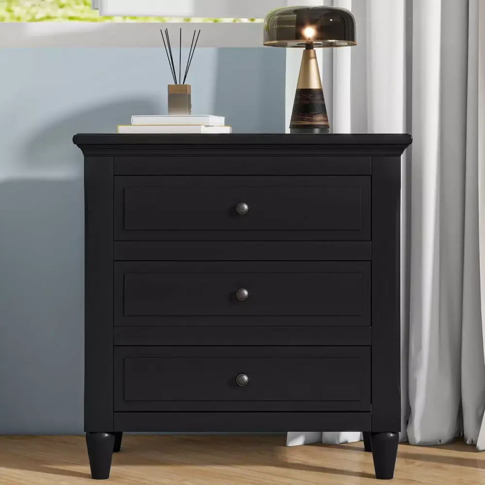 Black 3-Drawer Cabinet MDF Pine Wood Bedroom Living Room Storage