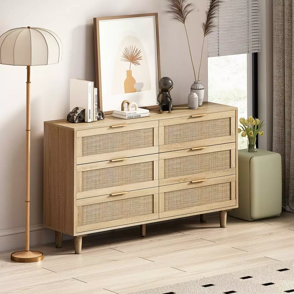 51.18 Modern Rattan Dresser Chest 6 Drawer Wood Storage Cabinet