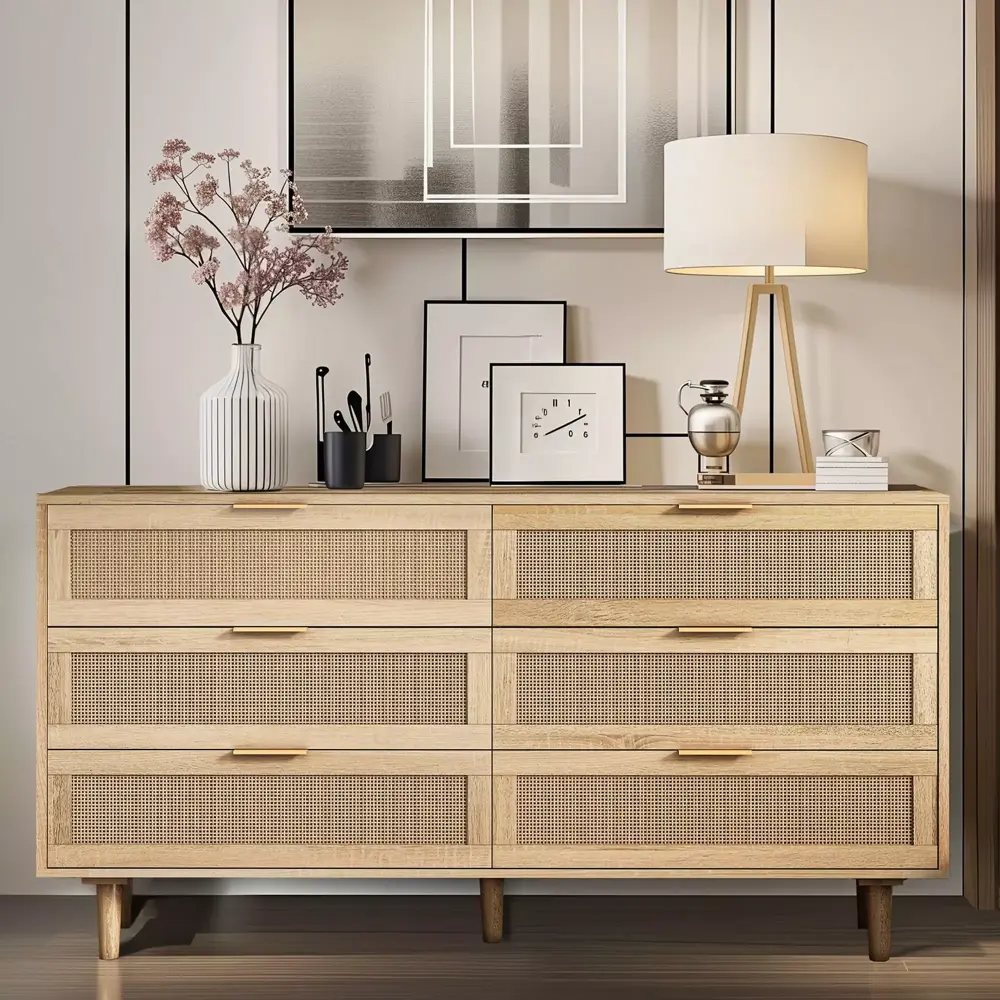 Natural Rattan 6-Drawer Storage Cabinet Wood Dresser with Rattan Drawers for Bedroom Living Room