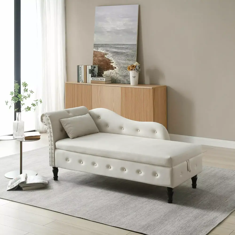 Aijia 60 Velvet Multifunctional Storage Chaise Lounge with Tufted Buttons Nailhead Trim and Solid Wood Legs Beige