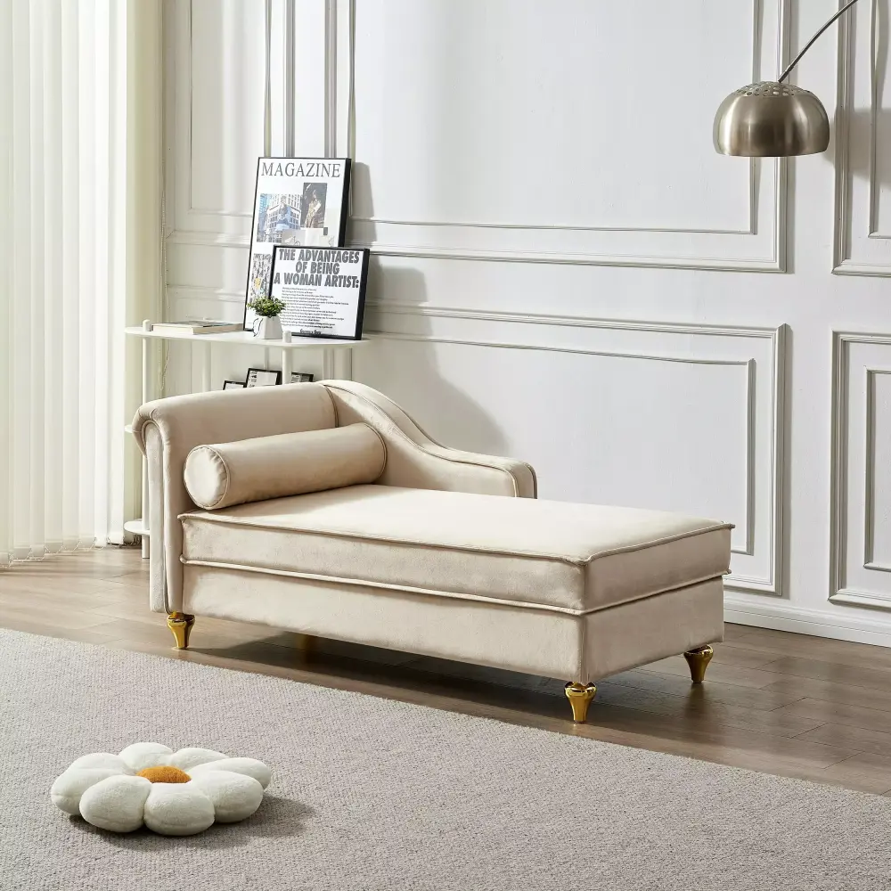 DeeHome Modern Beige Velvet Chaise Lounge Chair with Storage for Living Room