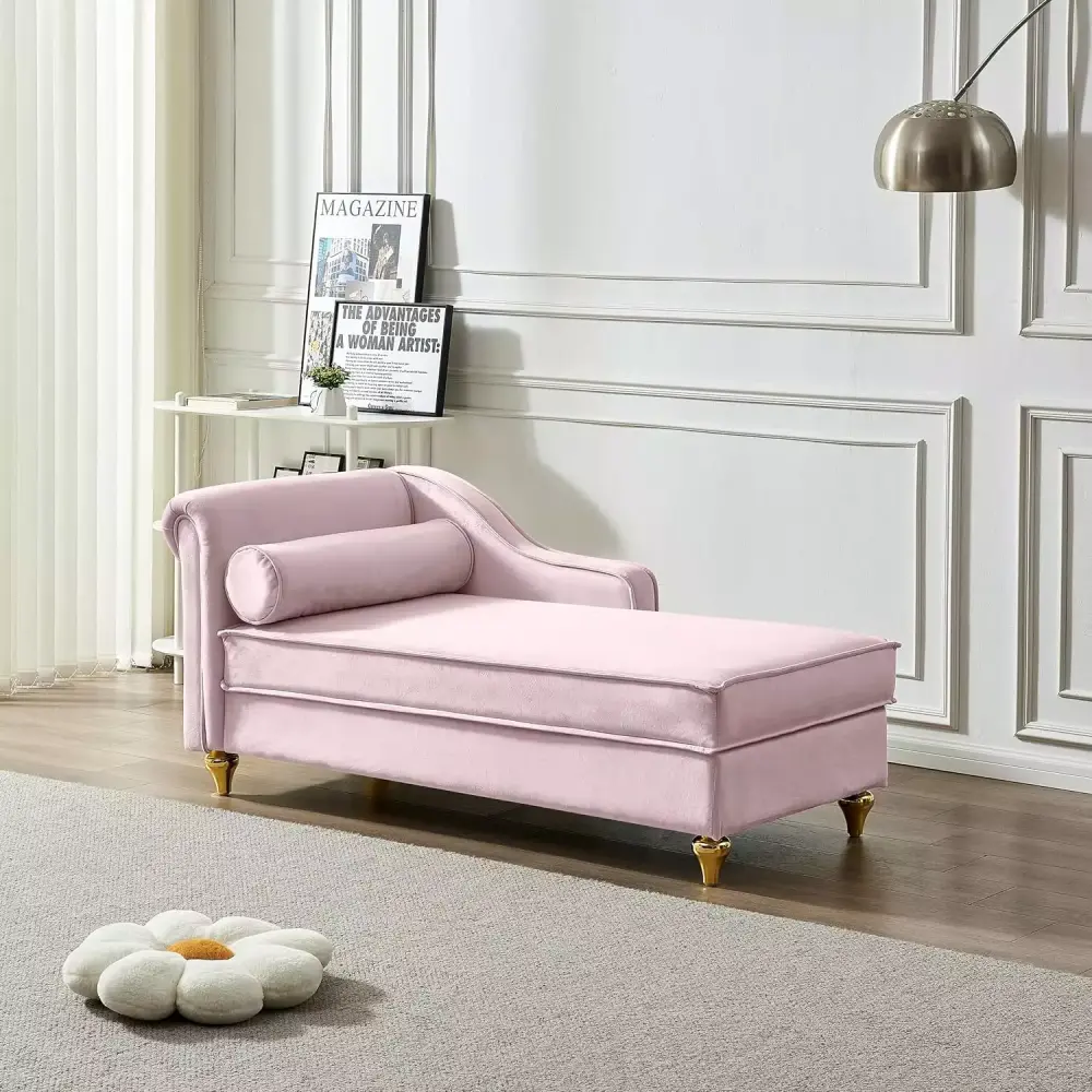 DALEI Pink Velvet Chaise Lounge with Storage Reclining Chair with Metal Legs and Round Pillow