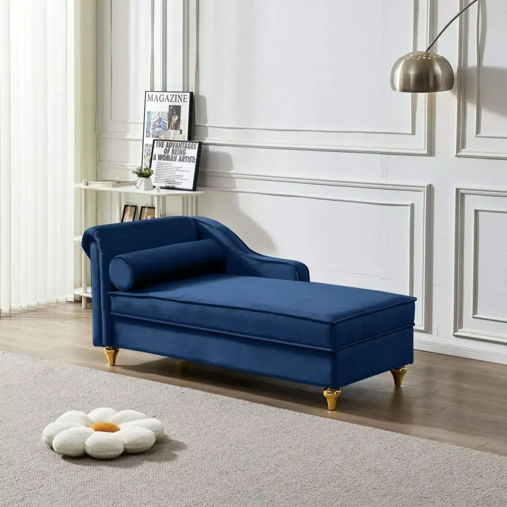 Navy Blue Velvet Modern Chaise Lounge with Hidden Storage - Gold Leg Accents