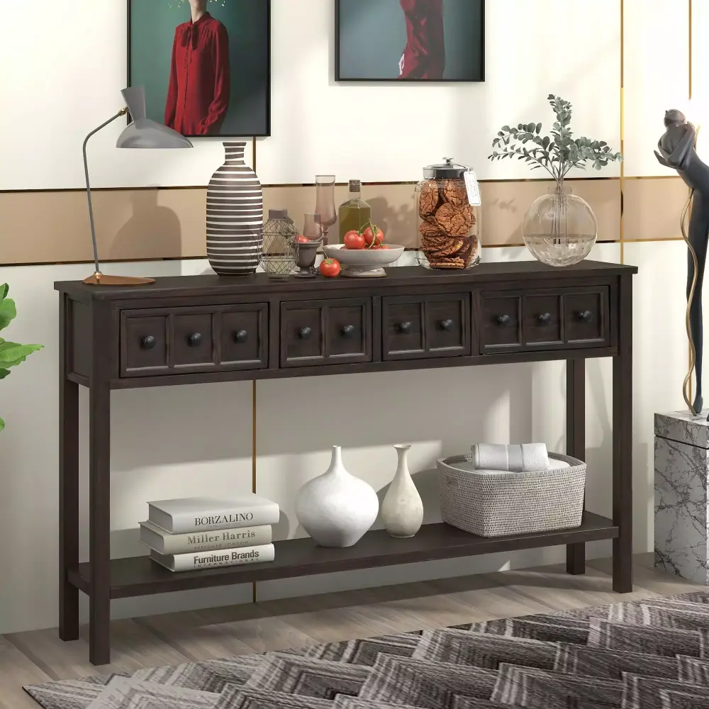 TREXM Rustic Entryway Console Table with Two Drawers and Bottom Shelf in Espresso