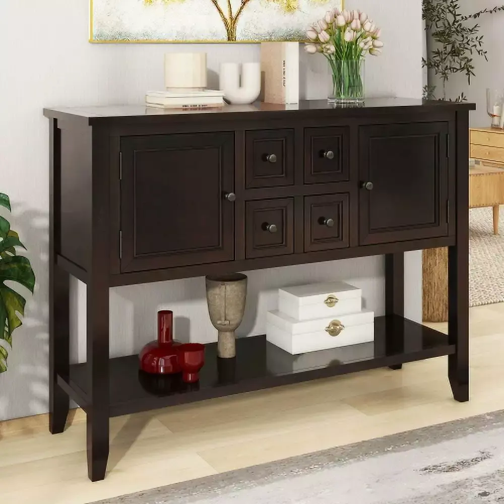 Cambridge Series Vintage Console Table with Four Drawers and Shelf in Espresso