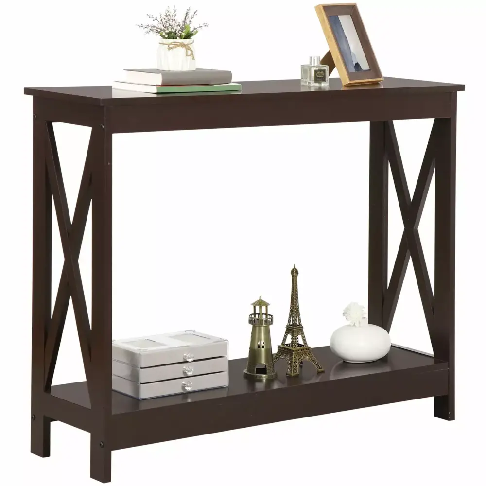 2-Tier Console Table Sofa Side Table Storage Shelf for Entryway Hallway Brown
