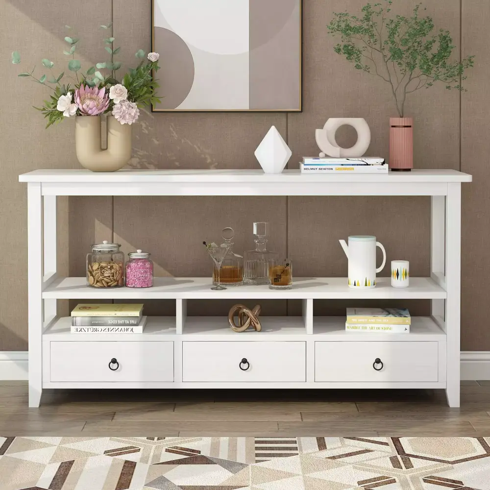 GoDecor 3 Drawers White Wooden Console Table with 3 Shelves for Living Room