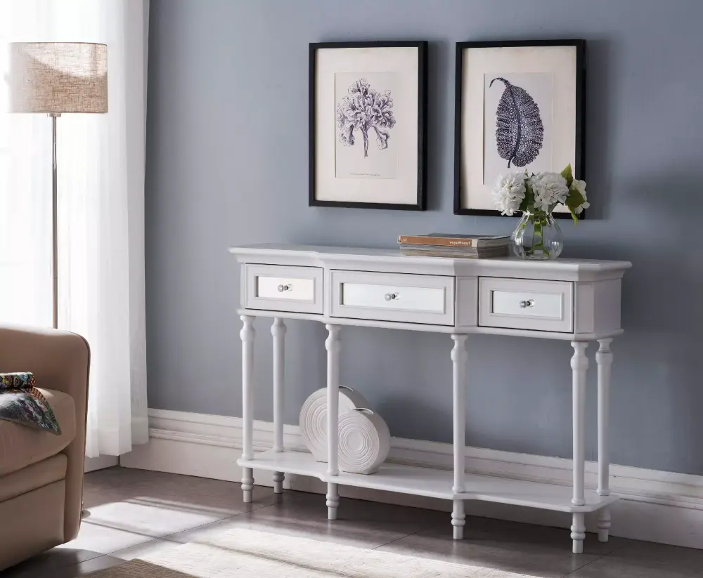 Phoenix White Wood Contemporary Storage Console Table with Drawers and Open Shelf - Modern Entryway Table