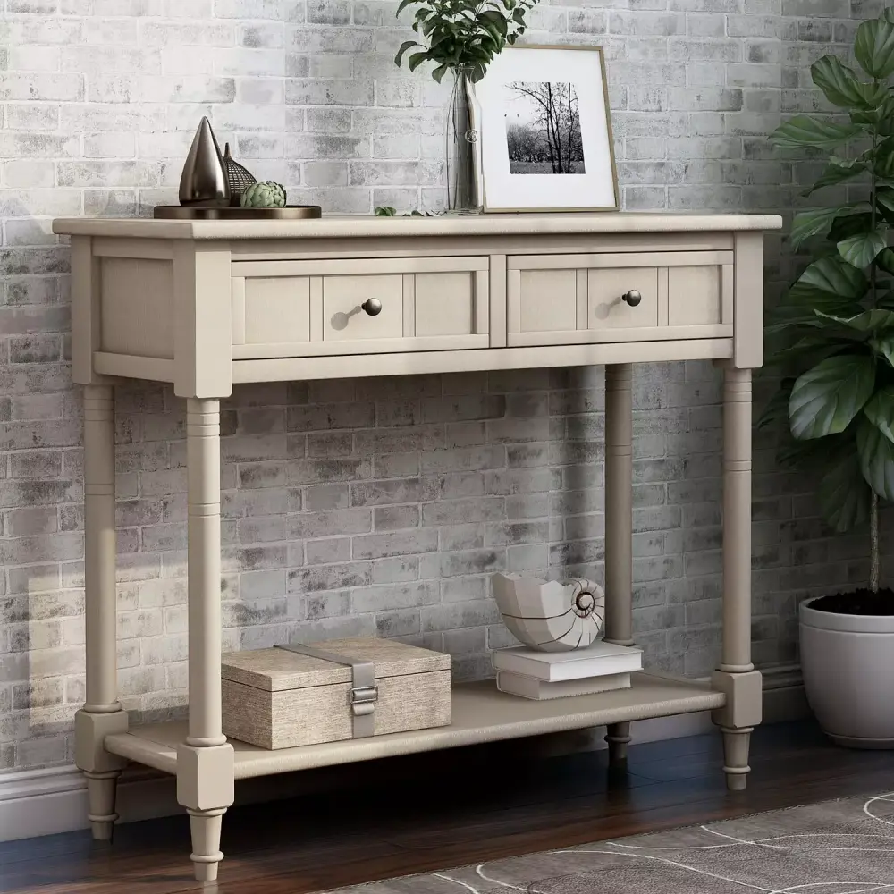 Antique Gray Finish Solid Wood Console Table with Two Drawers and Bottom Shelf Traditional Design