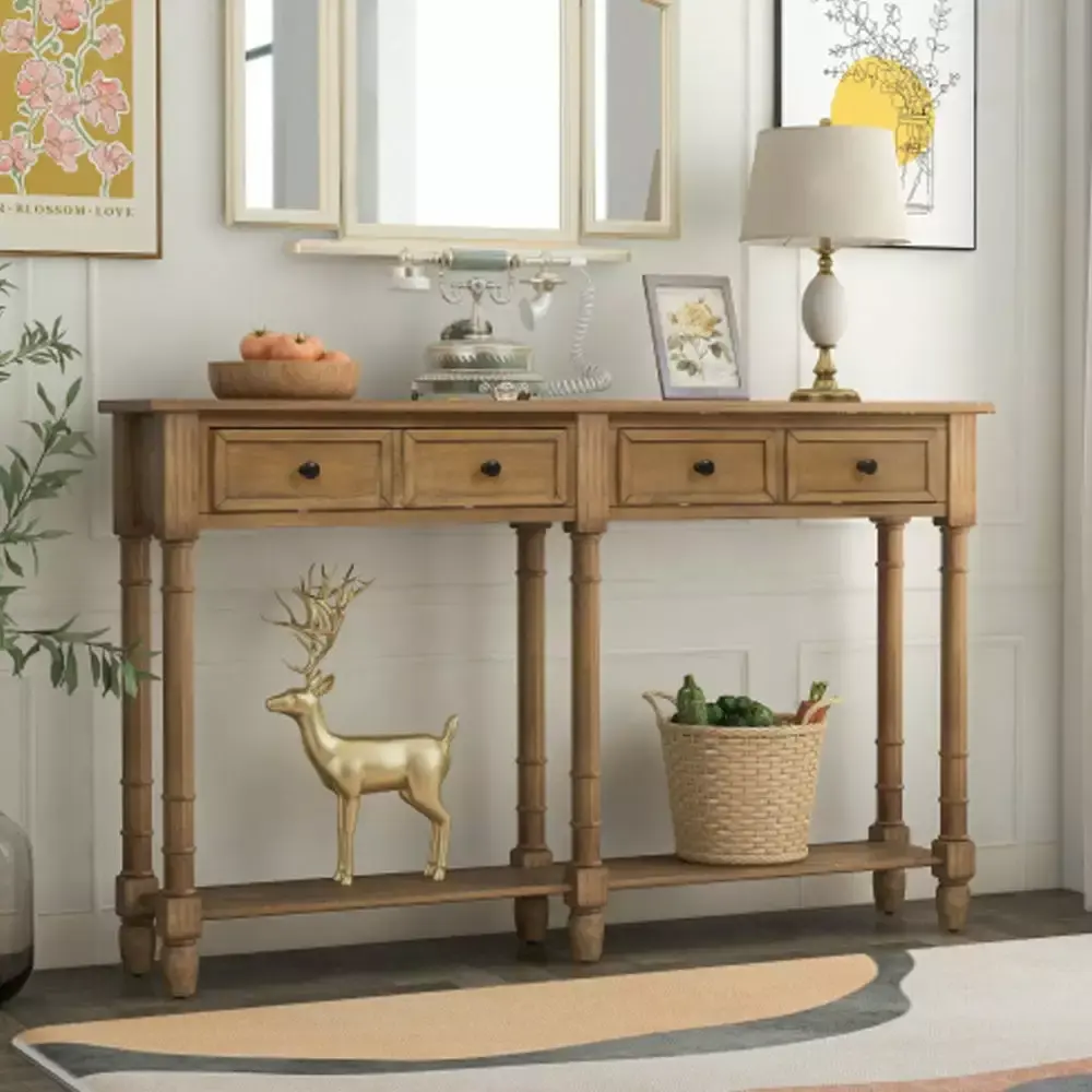 Console Table Sofa Table Easy Assembly with Two Storage Drawers and Bottom Shelf Old Pine