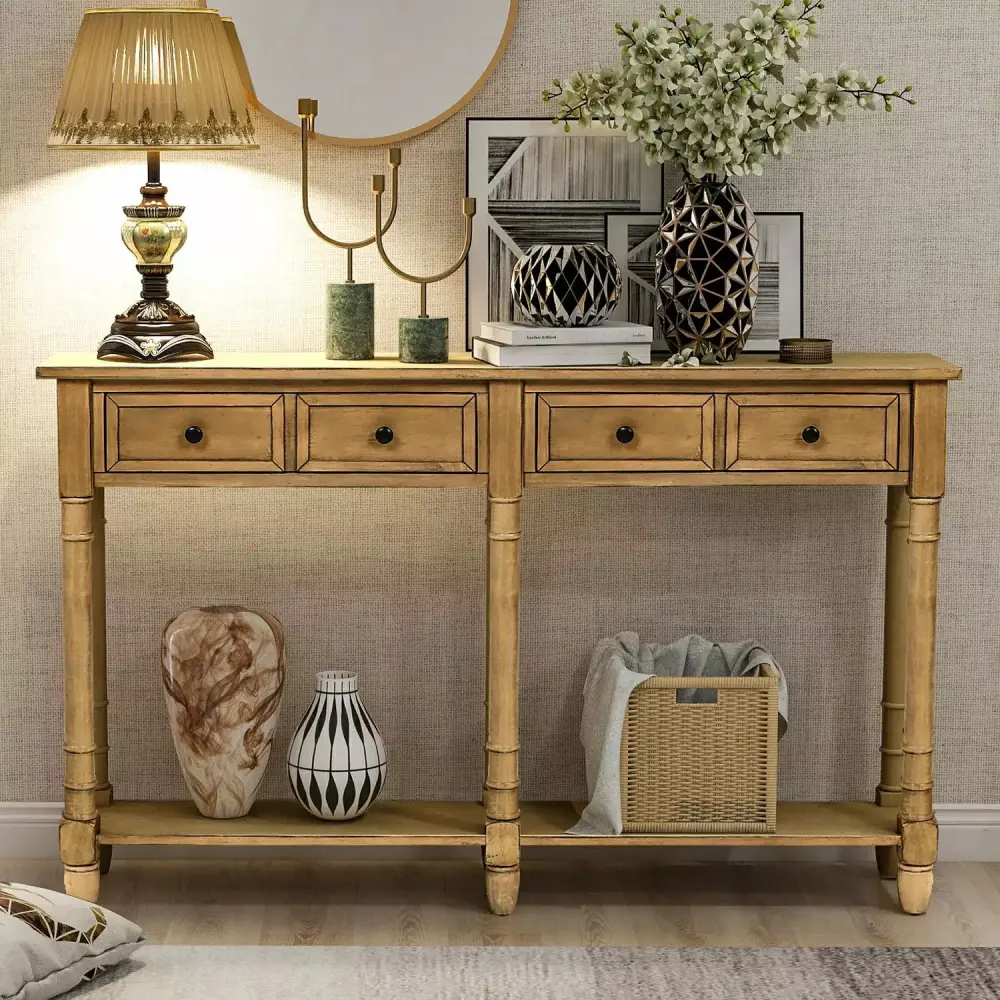 Retro Console Table with Two Storage Drawers and Bottom Shelf for Living Room and Entryway
