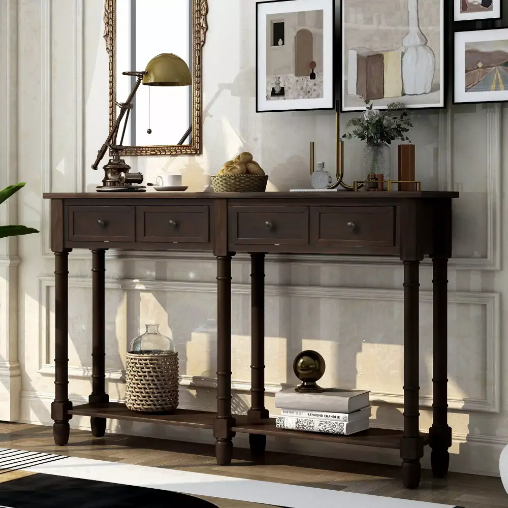 TREXM Console Table Sofa Table with Two Storage Drawers Bottom Shelf Espresso