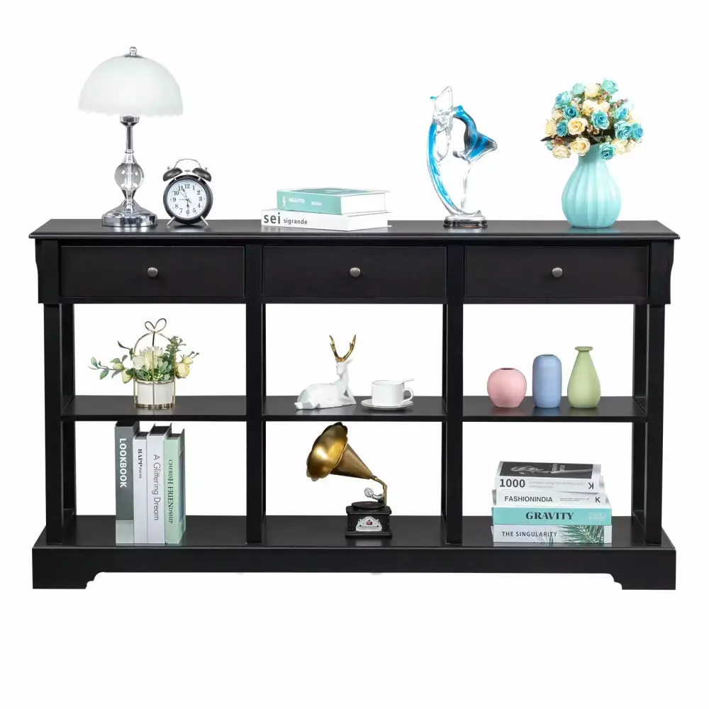 SamyoHome Wood Entryway Console Table with 3 Drawers and 3 Storage Shelves Black Finish